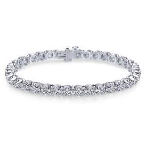 Gabriel & Co. TB3027W44JJ 14 karat white gold Lusso bracelet, front view of the tennis line looped flat with the box clasp at the top