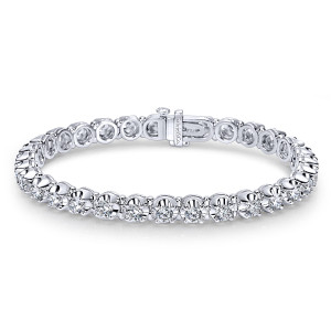 Gabriel & Co. TB3028W44JJ 14 karat white gold Lusso bracelet, front view of the tennis line in a loop with the box clasp at the top