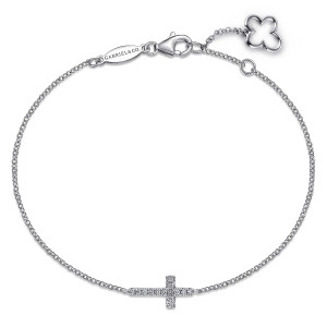 Gabriel & Co. TB3320W45JJ 14 karat white gold Lusso bracelet, front view of a sideways cross on a fine chain, with a lobster clasp and extender