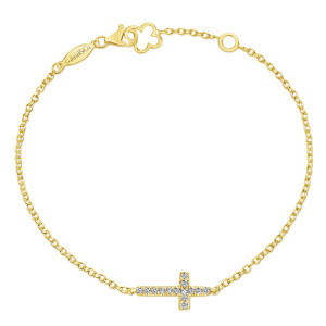 Gabriel & Co. TB3320Y45JJ 14 karat yellow gold Lusso bracelet, front view of the loop with the diamond cross low and an extender chain by the clasp