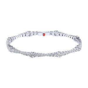 Gabriel & Co. TB3386W44JJ 14 karat white gold Lusso bracelet, front view of a loop of graduated round diamonds closing at a maker's tag