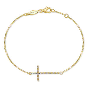 Gabriel & Co. TB3853Y45JJ 14 karat yellow gold Lusso bracelet, front view of a diamond lined sideways cross on a fine chain, with a lobster clasp