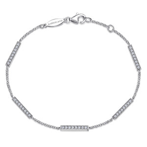 Gabriel & Co. TB3854W45JJ 14 karat white gold Lusso bracelet, front view of pave bars on a fine chain, a lobster clasp, a maker's tag and a ring