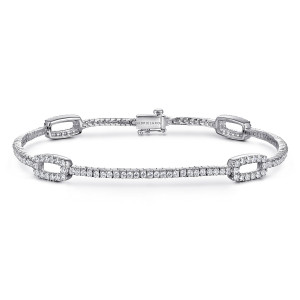 Gabriel & Co. TB3898W45JJ 14 karat white gold Lusso bracelet, front view of a tennis line with open frames and a box clasp bearing a maker's mark