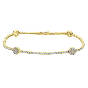 Gabriel & Co. TB3899Y45JJ 14 karat yellow gold Lusso bracelet, front view of the loop with round pave discs and a box clasp near the top