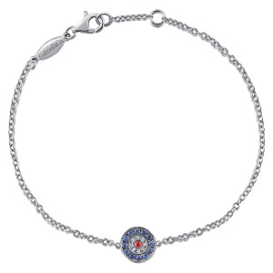 Gabriel & Co. TB3957W45MC 14 karat white gold Color bracelet, front view of the fine chain in a loop, round disc below, lobster clasp and maker's tag above