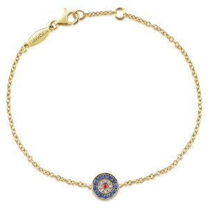 Gabriel & Co. TB3957Y45MC 14 karat yellow gold Color bracelet, front view of a fine chain loop with one round disc of ringed stones and a lobster clasp