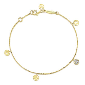 Gabriel & Co. TB3961Y45JJ 14 karat yellow gold Contemporary bracelet, front view of the fine chain in a loop, hammered discs, a pave disc and a lobster clasp
