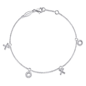 Gabriel & Co. TB3963W45JJ 14 karat white gold Contemporary bracelet, front view of crossed and circle charms hanging from a fine chain with a lobster clasp