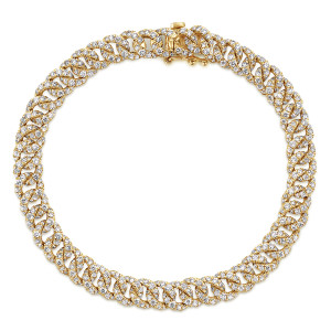Gabriel & Co. TB4034Y45JJ 14 karat yellow gold Lusso bracelet, front view of the paved Cuban links curving around in a loop to the clasp