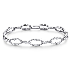 Gabriel & Co. TB4035W45JJ 14 karat white gold Lusso bracelet, front view of elongated pierced frames edged in pave with pave links between