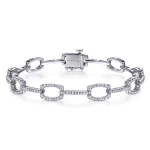 Gabriel & Co. TB4036W45JJ 14 karat white gold Lusso bracelet, front view of alternating pave frames and diamond bars closing on a box clasp