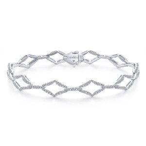 Gabriel & Co. TB4037W45JJ 14 karat white gold Lusso bracelet, front view of the pointed pave frames looped around to a box clasp
