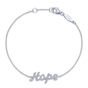 Gabriel & Co. TB4148W45JJ 14 karat white gold Hope bracelet, front view of the cursive diamond word on a fine chain with a lobster clasp and extender ring