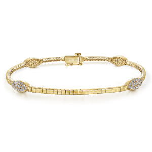 Gabriel & Co. TB4165Y45JJ 14 karat yellow gold Contemporary bracelet, front view of the loop with pointed oval pave stations and a box clasp at the top