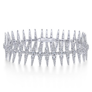 Gabriel & Co. TB4190W84JJ 18 karat white gold Kaslique bracelet, front view of the standing spikes, open frames on the inside and a marked clasp section