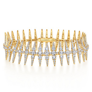 Gabriel & Co. TB4190Y84JJ 18 karat yellow gold Kaslique bracelet, front view of spike shaped links in a loop with open backs and a maker's mark bar