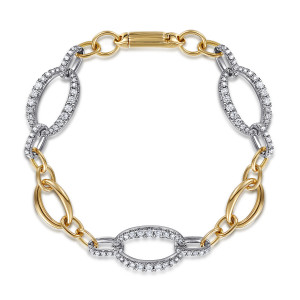 Gabriel & Co. TB4202M45JJ 14 karat white and yellow gold Contemporary bracelet, front view of plain polished ovals and pave ovals looping around to the clasp