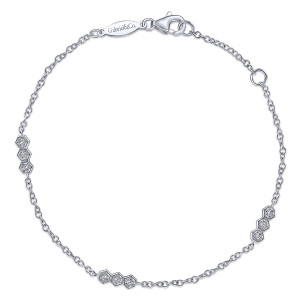 Gabriel & Co. TB4208W45JJ 14 karat white gold Lusso bracelet, front view of the loop of fine chain with hexagon stations and a lobster clasp at the top