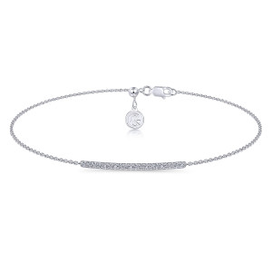 Gabriel & Co. TB4210W45JJ 14 karat white gold Lusso bracelet, front view of the fine chain with one diamond bar, a lobster clasp and a maker's tag