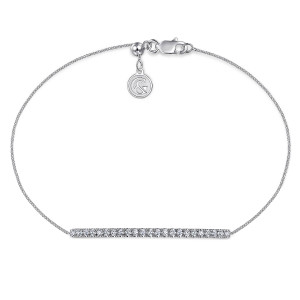 Gabriel & Co. TB4216W45JJ 14 karat white gold Lusso bracelet, front view of the diamond bar on a fine chain, with a lobster clasp and maker's tag