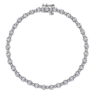 Gabriel & Co. TB4217W45JJ 14 karat white gold Lusso bracelet, front view of the full tennis line with a box clasp and safety latch at the top