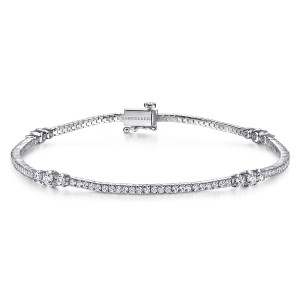 Gabriel & Co. TB4218W45JJ 14 karat white gold Lusso bracelet, front view of a loop of set stones with a cluster at each side and a box clasp
