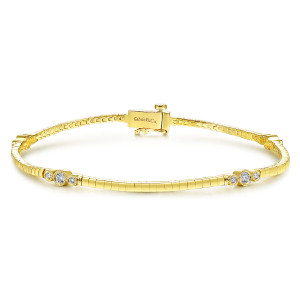 Gabriel & Co. TB4219Y45JJ 14 karat yellow gold Contemporary bracelet, front view of the segmented band with bezel diamond stations and a box clasp at the top