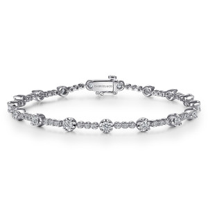 Gabriel & Co. TB4221W45JJ 14 karat white gold Lusso bracelet, front view of the loop with raised round frames and a box clasp at the top