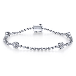 Gabriel & Co. TB4222W45JJ 14 karat white gold Lusso bracelet, front view of spaced diamond settings with round cluster stations and a box clasp
