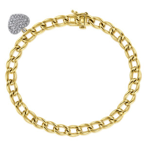 Gabriel & Co. TB4223M45JJ 14 karat white and yellow gold Contemporary bracelet, front view of the oval link chain in a loop, the pave heart hanging near the clasp