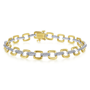 Gabriel & Co. TB4224M45JJ 14 karat white and yellow gold Contemporary bracelet, front view of a loop of open square links and paved bars closing at a box clasp