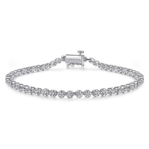 Gabriel & Co. TB4225W45JJ 14 karat white gold Lusso bracelet, front view of the single row of cupped round diamonds and a box clasp at the top