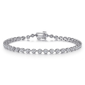 Gabriel & Co. TB4226W45JJ 14 karat white gold Lusso bracelet, front view of the loop of cupped round diamonds with a box clasp at the top