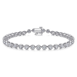 Gabriel & Co. TB4227W45JJ 14 karat white gold Lusso bracelet, front view of domed prong cups in a loop closing on a box clasp with a maker's mark