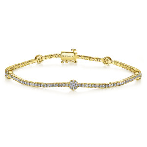 Gabriel & Co. TB4228Y45JJ 14 karat yellow gold Lusso bracelet, front view of a tennis line with ringed clusters and a box clasp with a safety latch