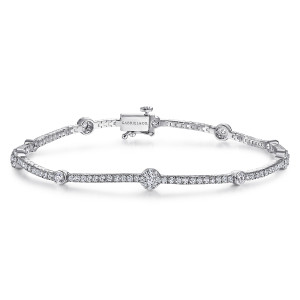 Gabriel & Co. TB4232W45JJ 14 karat white gold Lusso bracelet, front view of a diamond line with bezel dots, round clusters and a box clasp