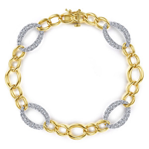 Gabriel & Co. TB4234M45JJ 14 karat white and yellow gold Contemporary bracelet, front view of plain oval links broken by pave diamond ovals, with a box clasp at the top