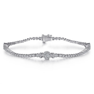 Gabriel & Co. TB4325W45JJ 14 karat white gold Lusso bracelet, front view of the looped row with a round cluster at the front and a box clasp