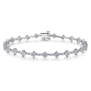Gabriel & Co. TB4327W45JJ 14 karat white gold Lusso bracelet, front view of rhombus clusters alternating with single stones, box clasp at the top