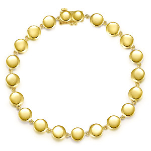 Gabriel & Co. TB4353Y4JJJ 14 karat yellow gold Contemporary bracelet, front view of the loop of round discs closing at a box clasp