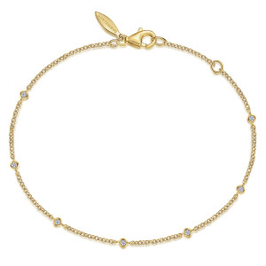 Gabriel & Co. TB4354Y45JJ 14 karat yellow gold Contemporary bracelet, front view of a loop of fine chain with bezel set diamond stations and a lobster clasp