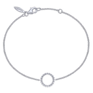 Gabriel & Co. TB4355SVJJJ sterling silver Bujukan bracelet, front view of a loop of fine chain with a beaded circle, a lobster clasp and a tag