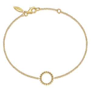 Gabriel & Co. TB4355Y4JJJ 14 karat yellow gold Bujukan bracelet, front view of a fine chain with one beaded circle, a lobster clasp and a pointed maker's tag