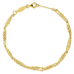 Gabriel & Co. TB4358Y4JJJ 14 karat yellow gold Hampton bracelet, front view of two fine strands with twisted stations, a lobster clasp and a maker's tag