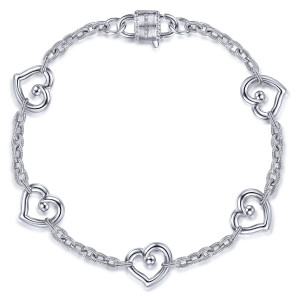 Gabriel & Co. TB4361SVJJJ sterling silver Contemporary bracelet, front view of open hearts spaced around a ridged oval link chain, closing on a barrel clasp