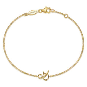 Gabriel & Co. TB4363Y4JJJ 14 karat yellow gold Contemporary bracelet, front view of one wire symbol centered on the chain, beside a lobster clasp and maker's tag