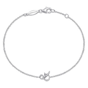 Gabriel & Co. TB4364SVJJJ sterling silver Contemporary bracelet, front view of a fine chain with a looping script symbol, lobster clasp and tag at the top