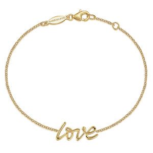 Gabriel & Co. TB4385Y4JJJ 14 karat yellow gold Contemporary bracelet, front view of a script word centered on a fine chain, with a lobster clasp and maker's tag