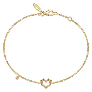 Gabriel & Co. TB4386Y45JJ 14 karat yellow gold Bujukan bracelet, front view of a loop of fine chain with a beaded heart and a hanging diamond